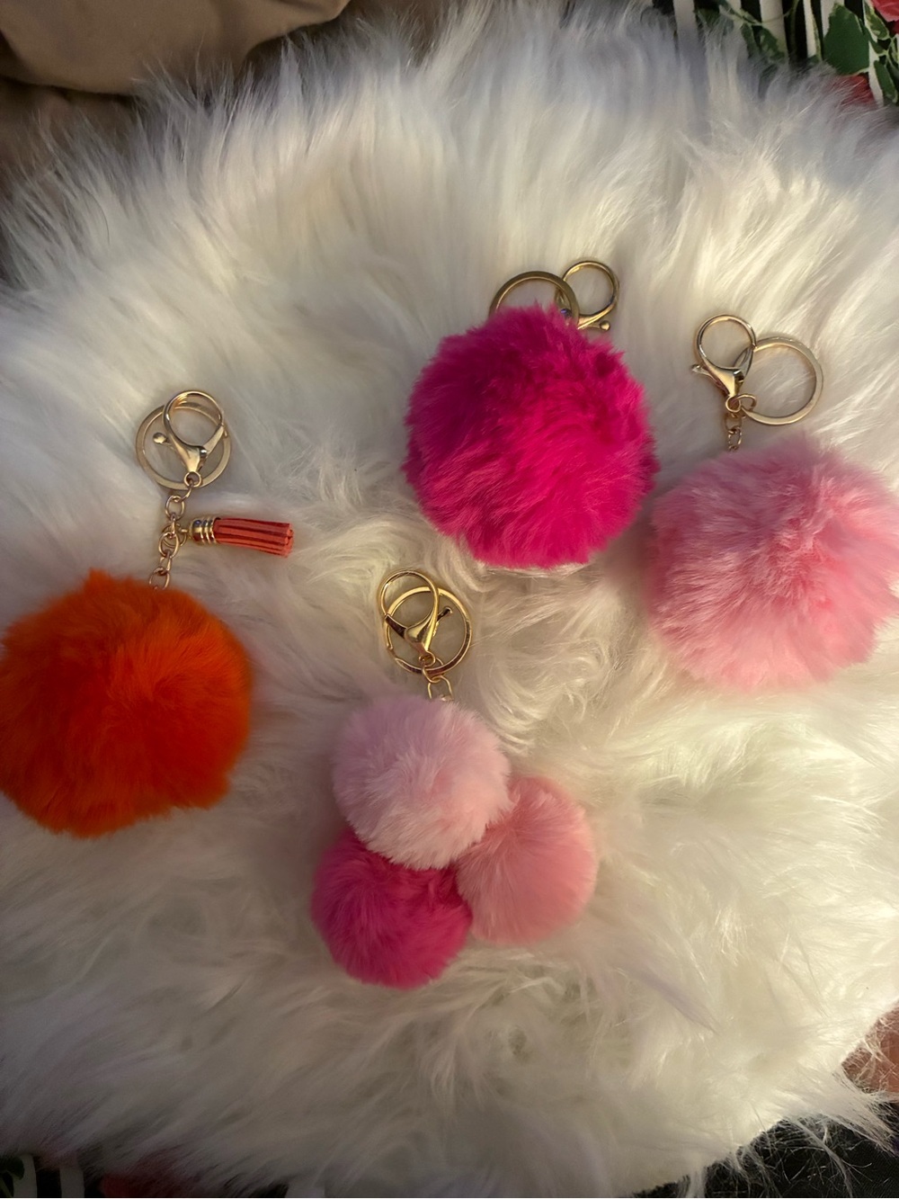 Set of Plush Pom-Pom Keychain - Pink & Orange Faux Fur Bag Charm